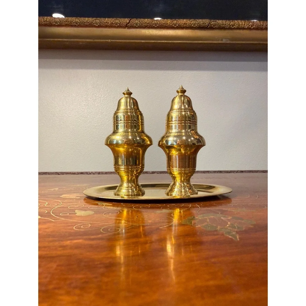 Vintage Brass Salt and Pepper‎ Shaker Set with Tray
